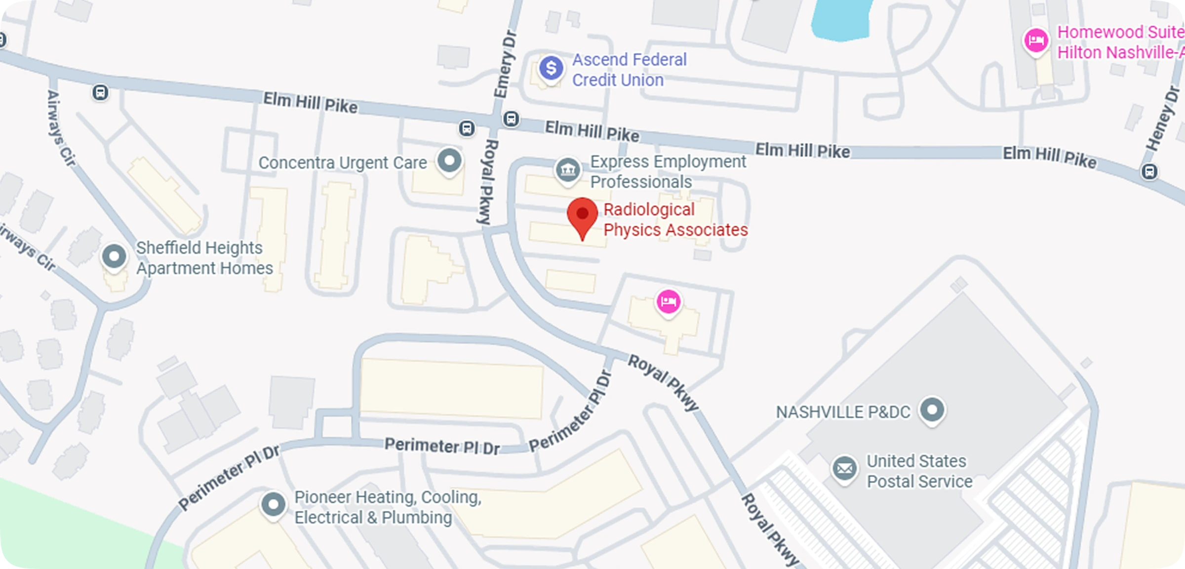 Map showing the Radiological Physics Associates office near Elm Hill Pike in Nashville, Tennessee